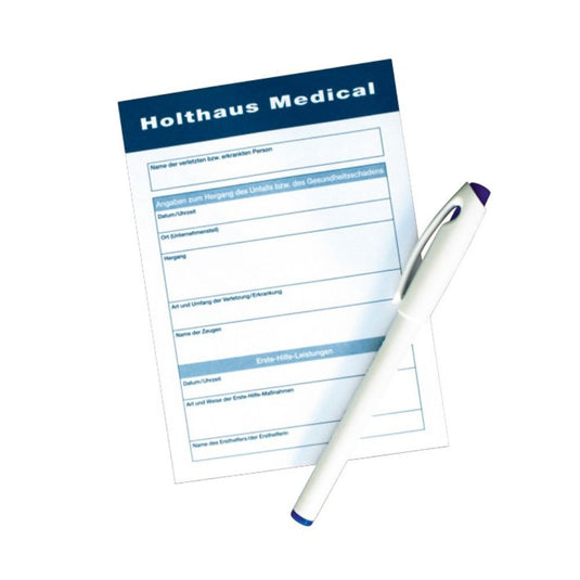 Formulár spoločnosti Holthaus Medical GmbH & Co. KG obsahuje oddiely potrebné na presnú dokumentáciu osobných údajov a zdravotných prípadov. Na formulári je vyobrazené pero na bielom pozadí.