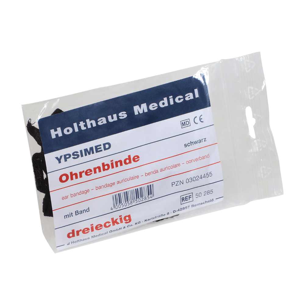 Pri obväze na uši Holthaus Ypsimed od spoločnosti Holthaus Medical GmbH & Co. KG ide o zabalený obväz na uši s nápisom „Holthaus YPSIMED Ohrenbinde“. Balenie obsahuje trojuholníkový čierny obväz na uši s pásikom na fixáciu ucha, s PZN číslom 03024455 a referenčným číslom 50 285.