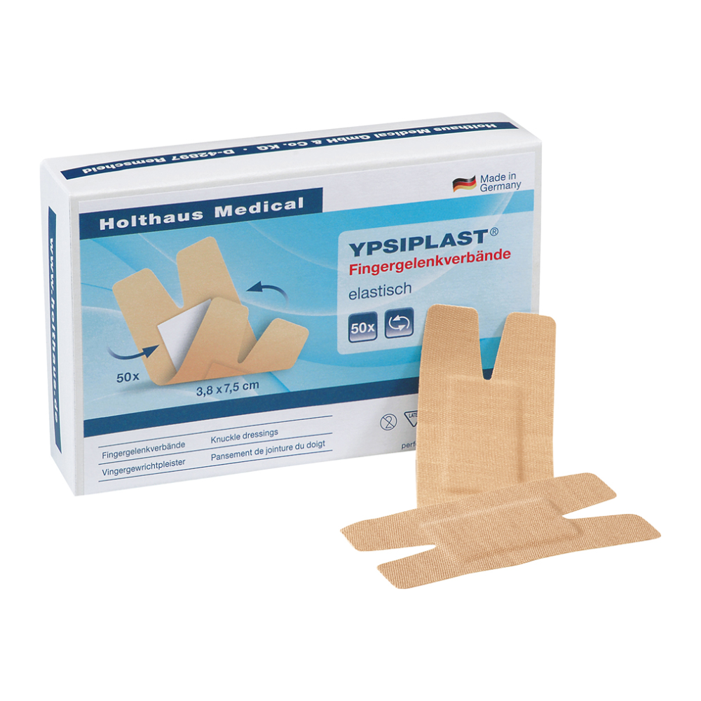Schachtel Holthaus Ypsiplast® Fingergelenkverband, elastisch mit 50 obväzov od Holthaus Medical GmbH & Co. KG. Tieto v Nemecku vyrobené obväzy sú navrhnuté pre kĺby prstov a merajú každý 3,8 x 7,5 cm, pričom dva obväzy sú zobrazené mimo škatule.