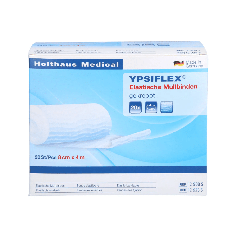 Modrá-biela škatuľa Holthaus Ypsiflex® Elastická obväzová gáza od Holthaus Medical GmbH & Co. KG, označená ako *Klinické balenie*. Balenie uvádza, že obsahuje 20 kusov, každý s rozmermi 8 cm x 4 m. Text je viacjazyčný a produkt je vyrobený v Nemecku. Perfektné pre *fixáciu obväzov*.