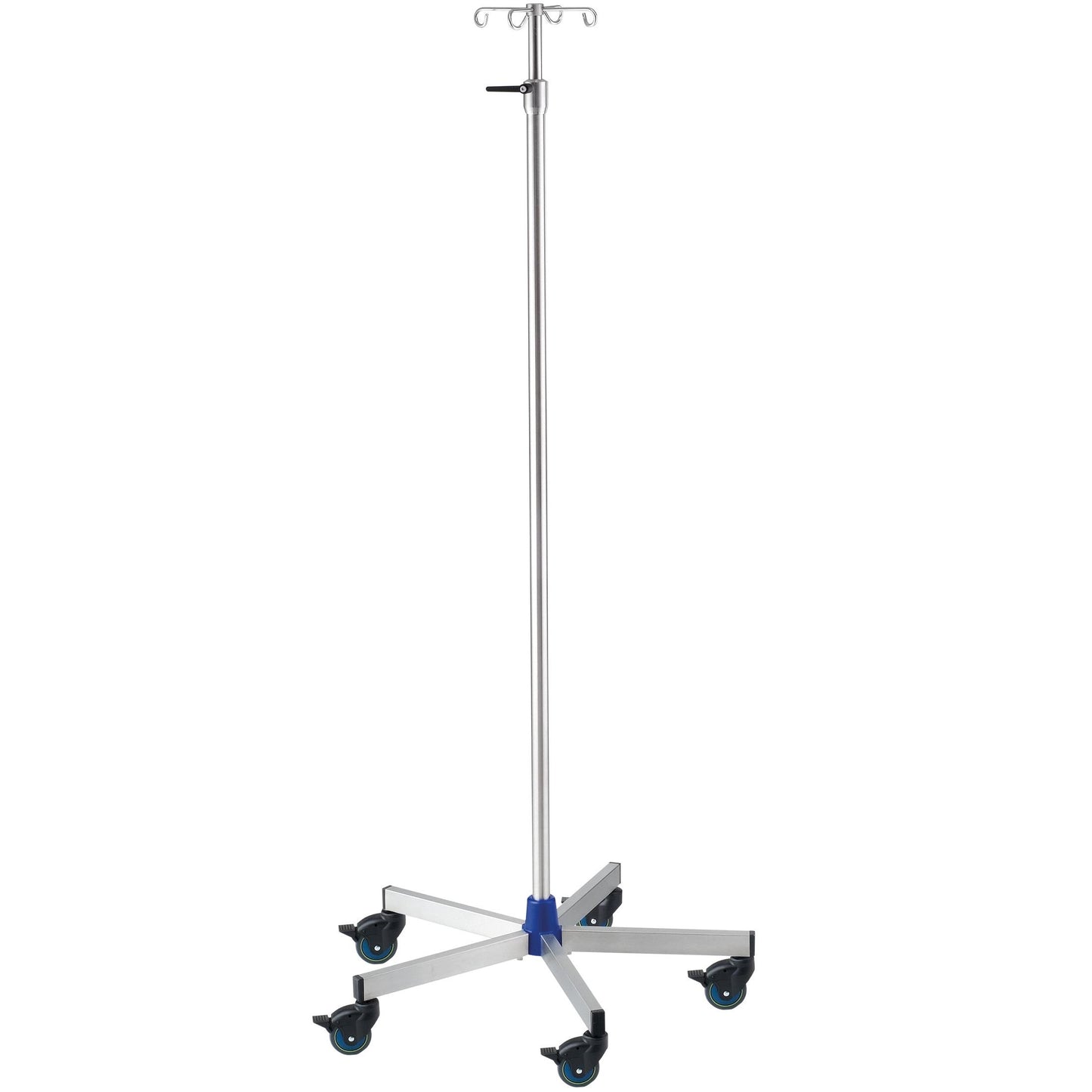 Stojan na infúzie Novocal Urológia má rám z nehrdzavejúcej ocele (33,7/25 mm), päť koliesok, teleskopickú tyč, háčiky na infúzie a modré akcenty na nábojoch kolies/bázovom kĺbe. Dodáva sa ako samostatné zariadenie od spoločnosti Novocal.