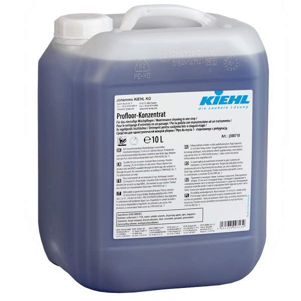 10-litrová nádoba z priehľadného plastu s bielym vekom a držadlom, naplnená modrou tekutinou. Na etikete je uvedený názov produktu "Kiehl Profloor-Konzentrat Pre jednorazové umývanie" od Johannes Kiehl KG, spolu s návodom na použitie a bezpečnostnými pokynmi.