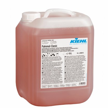 Kiehl Patronal-Classic Sanitárny čistič s ochrannou formulou od Johannes Kiehl KG v 10-litrovom obale z priesvitného plastu s bielym uzáverom a rukoväťou, s etiketou, ktorá zdôrazňuje biologicky odbúrateľnú receptúru a viacjazyčné bezpečnostné pokyny.