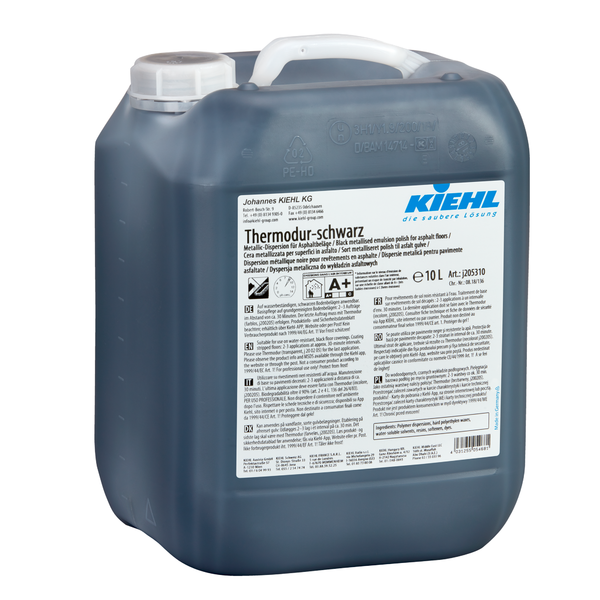 Desaťlitrový kanister Thermodur-čierna univerzálna disperzia od Johannes Kiehl KG na asfaltové podlahy, v tmavej plastovej nádobe s bielym viečkom a etiketou s návodom na použitie a bezpečnostnými pokynmi.
