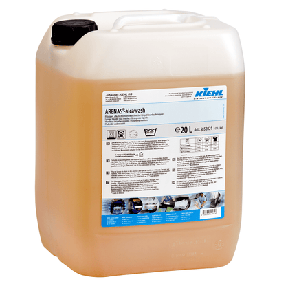 Kiehl ARENAS-alcawash Tekutý alkalický samostatný prací prostriedok od Johannes Kiehl KG v 20-litrovom kontajneri z priesvitného plastu s čiernym skrutkovacím uzáverom a etiketou s informáciami o produkte a pokynmi na použitie.