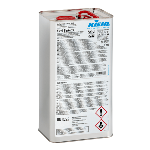 Päťlitrový kovový kanister Kiehl-Parketta Edelhartwachs tekutý od Johannes Kiehl KG, s červeným skrutkovým uzáverom, bezpečnostnými symbolmi a viacjazyčným návodom na bielej etikete (predáva sa v kartóne s 2 fľašami).