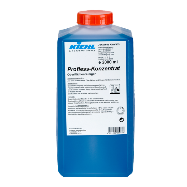 Modrý plastový kontajner s objemom 2000 ml s červeným uzáverom a nápisom "Kiehl Profless-Konzentrat Oberflächenreiniger" od Johannes Kiehl KG s informáciami o produkte a použití v nemčine pre ekologické čistenie.