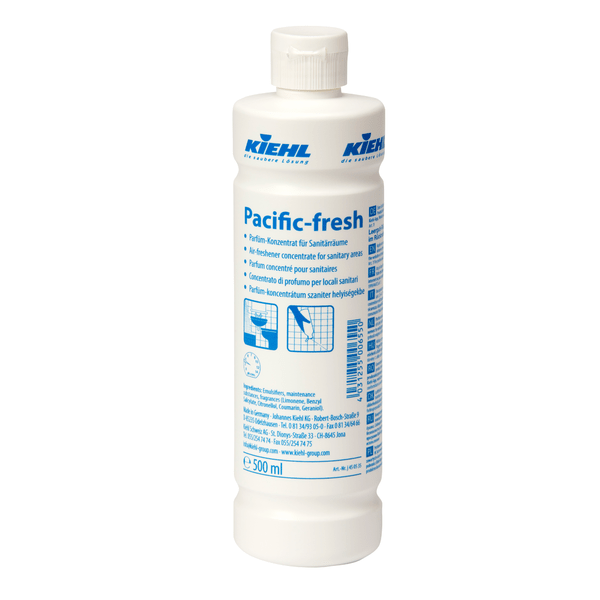 Biela 500 ml plastová fľaša Kiehl Pacific-fresh parfumový koncentrát pre sanitárne priestory spoločnosti Johannes Kiehl KG s neutralizáciou zápachu, dlhotrvajúcou vôňou, modrým textom na etikete a bielym uzáverom. Dostupné v kartónoch s 12 fľašami.