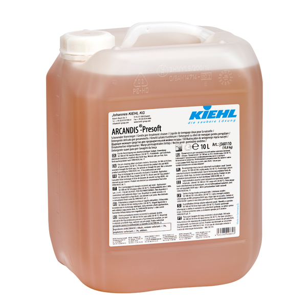Kanister s objemom 10 litrov Kiehl ARCANDIS-Presoft Jemný predčistič od Johannes Kiehl KG, s bielym skrutkovacím uzáverom a veľkou viacjazyčnou etiketou s produktovými a bezpečnostnými informáciami. Značka Kiehl je na etikete dobre viditeľne zobrazená.