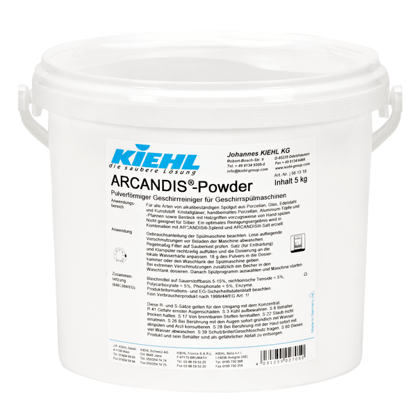 Biely 5 kg plastový kontajner Kiehl ARCANDIS-Powder práškový čistič riadu pre umývačky riadu od Johannes Kiehl KG, označený v nemčine s produktovými informáciami, rukoväťou a zapečateným vekom.