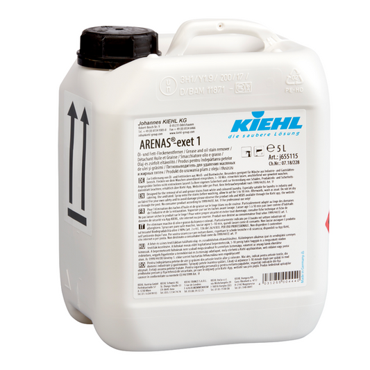 Weißer 5-Liter-Kunststoffbehälter mit schwarzem Deckel und der Aufschrift "Kiehl ARENAS-exet 1 Öl- und Fett-Fleckenentferner" der Johannes Kiehl KG mit mehrsprachigen Produkt- und Sicherheitsinformationen. Ideal zur Entfernung von hartnäckigen Öl- und Fettflecken.