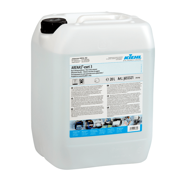 20-litrová nádoba z priesvitného plastu s odstraňovačom hrdzavých škvŕn Kiehl ARENAS-exet 3 od Johannes Kiehl KG s čiernym skrutkovacím uzáverom a viacjazyčnými etiketami a pokynmi na prednej strane.