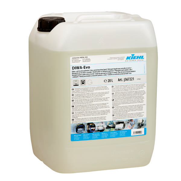 20-litrový kontajner z priehľadného plastu s čiernym skrutkovacím uzáverom, označený ako "Kiehl DIWA-Evo prostriedok na umývanie skla a riadu" od spoločnosti Johannes Kiehl KG. Modro-bielo-čierna etiketa obsahuje pokyny a symboly nebezpečenstva.