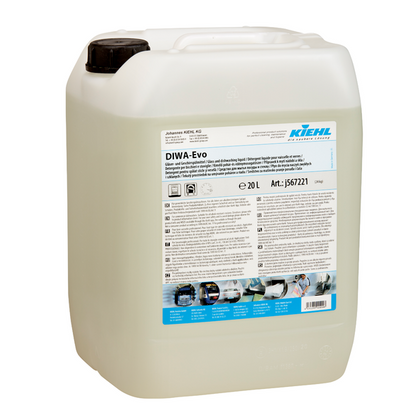 20-litrový kontajner z priehľadného plastu s čiernym skrutkovacím uzáverom, označený ako "Kiehl DIWA-Evo prostriedok na umývanie skla a riadu" od spoločnosti Johannes Kiehl KG. Modro-bielo-čierna etiketa obsahuje pokyny a symboly nebezpečenstva.