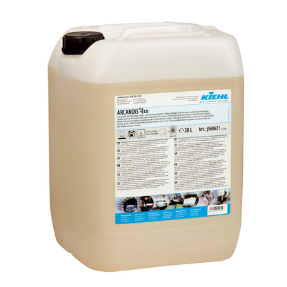 Veľká priehľadná plastová nádoba s čiernym vekom, naplnená tekutinou. Na etikete je nápis "Kiehl ARCANDIS-Eco Jemný vysokovýkonný prostriedok na umývanie skla a riadu" od Johannes Kiehl KG. Kapacita: 20 litrov.