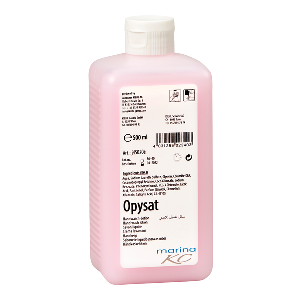 Ružová 500 ml fľaša Kiehl Opysat Handwasch-Lotion od Johannes Kiehl KG, pH-neutrálne mydlo na ruky, má bielu etiketu s údajmi o produkte, zložení, čiarovým kódom, symbolmi a "marina KC" na spodnej časti pre jemné umývanie rúk.