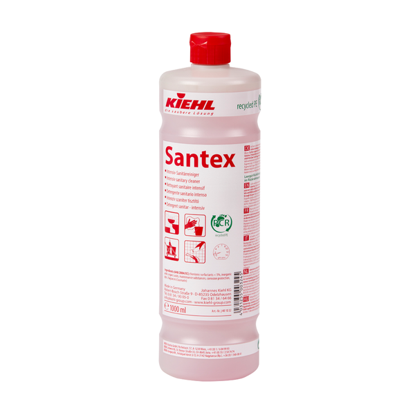 Plastová fľaša s objemom 1 000 ml intenzívneho sanitárneho čističa Kiehl Santex od Johannes Kiehl KG má červený uzáver, červený štítok s pokynmi na použitie, piktogramy a informácie o produkte, ako aj zelenú kontrolnú značku a je účinným sanitárnym čističom a odstraňovačom vodného kameňa.
