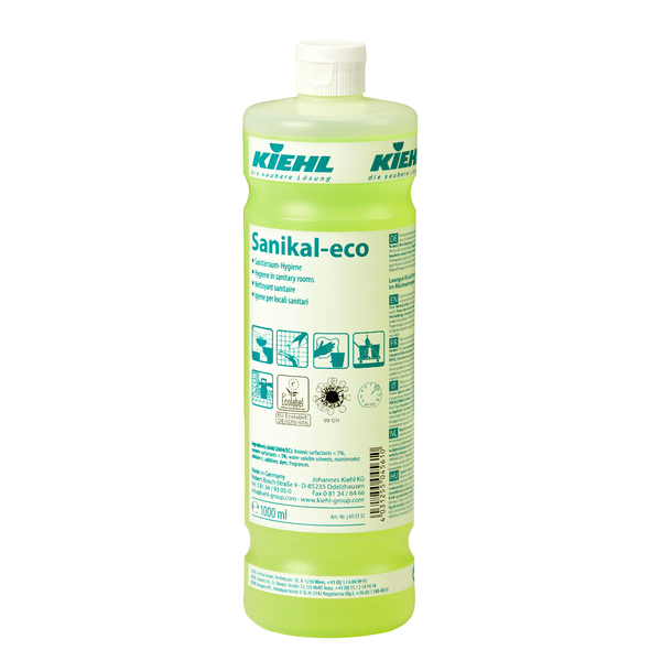 1-litrová plastová fľaša Kiehl Sanikal-eco Sanitárna hygiena od Johannes Kiehl KG obsahuje zelenkavú tekutinu a je opatrená etiketou s informáciami o produkte, tipmi na efektívne čistenie, symbolmi hygieny sanitárnych priestorov a návodom na použitie v kúpeľni.
