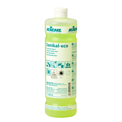 1-litrová plastová fľaša Kiehl Sanikal-eco Sanitárna hygiena od Johannes Kiehl KG obsahuje zelenkavú tekutinu a je opatrená etiketou s informáciami o produkte, tipmi na efektívne čistenie, symbolmi hygieny sanitárnych priestorov a návodom na použitie v kúpeľni.