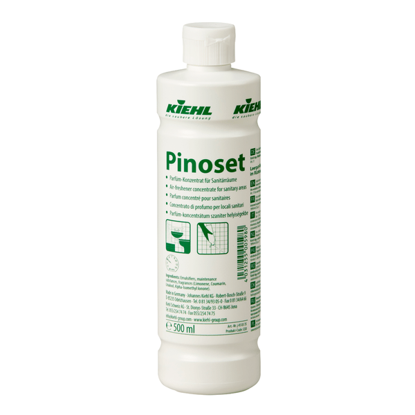 Johannes Kiehl KG Kiehl Pinoset Parfém-koncentrát pre sanitárne miestnosti v bielej 500 ml fľaši so zelenou etiketou - ideálny pre sanitárne miestnosti a na efektívnu neutralizáciu zápachu. Dostupné v kartóne s 12 fľašami.