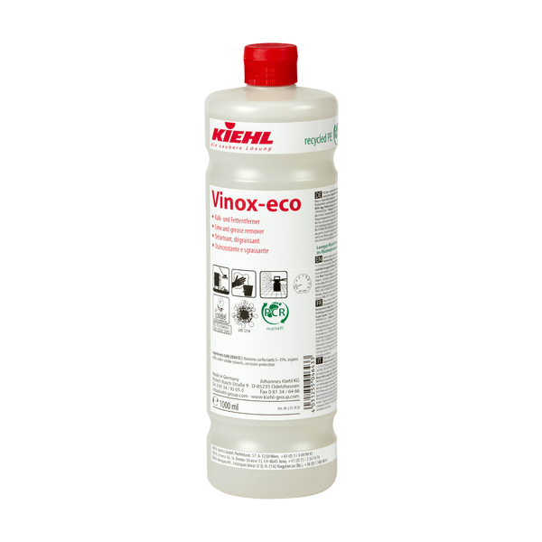 Biela 1-litrová plastová fľaša s nápisom "Kiehl Xon-forte penový čistič pre potravinársky priemysel" od Johannes Kiehl KG, s viacjazyčným textom a certifikačnými symbolmi - ideálna pre profesionálne čistenie v potravinárskom priemysle.