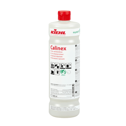 Biela plastová fľaša od Johannes Kiehl KG Kiehl Calinex odstraňovač vodného kameňa a tuku s červeným uzáverom, produktovým štítkom, symbolmi použitia a viacjazyčným textom na prednej strane.