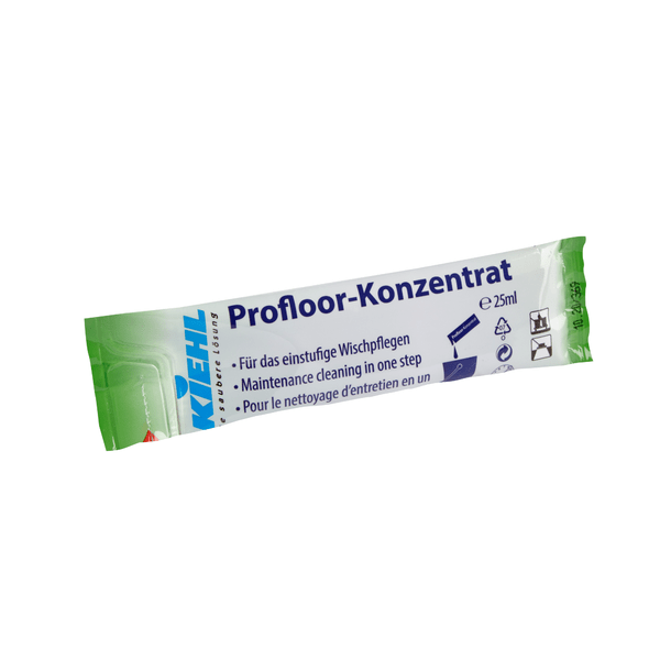 25-ml vrecúško Kiehl Profloor-Konzentrat Pre jednorazové umývanie od Johannes Kiehl KG s nemeckým, anglickým a francúzskym textom, zeleno/modro/bielym brandingom a ikonami pre použitie na umývanie a bezpečnostnými pokynmi.