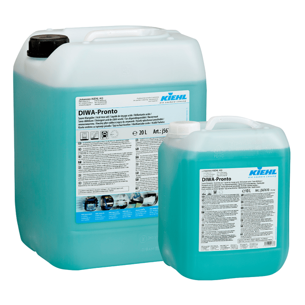 Dva veľké plastové obaly (20L a 10L) Kiehl DIWA-Pronto Saurer Klarspüler od Johannes Kiehl KG-modrý tekutý leštiaci prostriedok pre komerčné umývačky riadu, zabezpečuje výsledky bez šmúh.