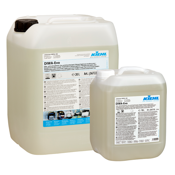 Dva plastové kontajnery (20L a 10L) s prostriedkom na umývanie skla a riadu Kiehl DIWA-Evo od spoločnosti Johannes Kiehl KG s bielymi etiketami s informáciami o produkte, logom značky a pokynmi na použitie. Ideálne ako prostriedok na umývanie riadu a skla.