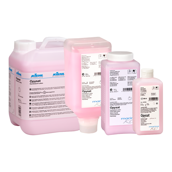 Štyri balenia Kiehl Opysat Handwasch-Lotion od Johannes Kiehl KG (1-5L) s bielym uzáverom a detailnými etiketami ponúkajú pH-neutrálne, jemné umývanie rúk. Značka "Kiehl" je na každom balení jasne viditeľná.