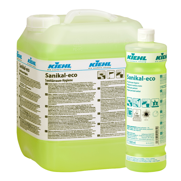 Dve balenia Kiehl Sanikal-eco Sanitárna hygiena od Johannes Kiehl KG, jedno veľké a jedno malé, naplnené svetlozelenou tekutinou. Obe majú etikety s podrobným textom a symbolmi pre efektívne čistenie a hygienu sanitárnych priestorov.