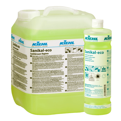 Dve balenia Kiehl Sanikal-eco Sanitárna hygiena od Johannes Kiehl KG, jedno veľké a jedno malé, naplnené svetlozelenou tekutinou. Obe majú etikety s podrobným textom a symbolmi pre efektívne čistenie a hygienu sanitárnych priestorov.