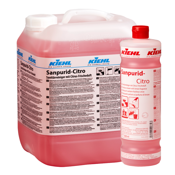 Ein 10-Liter-Kanister und eine 1-Liter-Flasche Johannes Kiehl KG Kiehl Sanpurid-Citro Sanitärreiniger mit Citrus-Frischeduft, beide gefüllt mit rosafarbener Flüssigkeit und in deutscher Sprache beschriftet, sorgen für effektive Hygiene.
