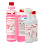 Abgebildet sind sechs leere 500 ml Kiehl-SanEco lievikové fľaše od Johannes Kiehl KG, každá voliteľne s penovým rozprašovačom alebo striekacím uzáverom. Fľaše sú označené etiketami pre návod na použitie.