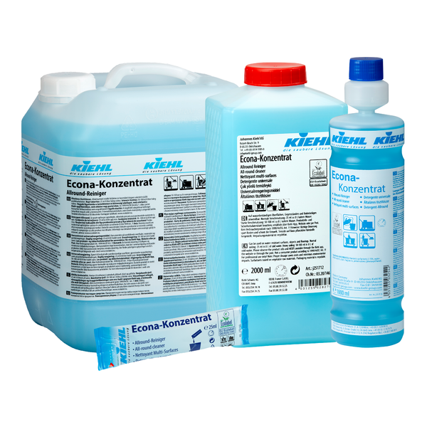 Na obrázku sú štyri balenia Kiehl Econa-Konzentrat Allround-Reiniger od Johannes Kiehl KG v rôznych veľkostiach: veľký džbán, stredné a malé fľaše a jednorazový vrecko, všetky s bielo-modrými etiketami.