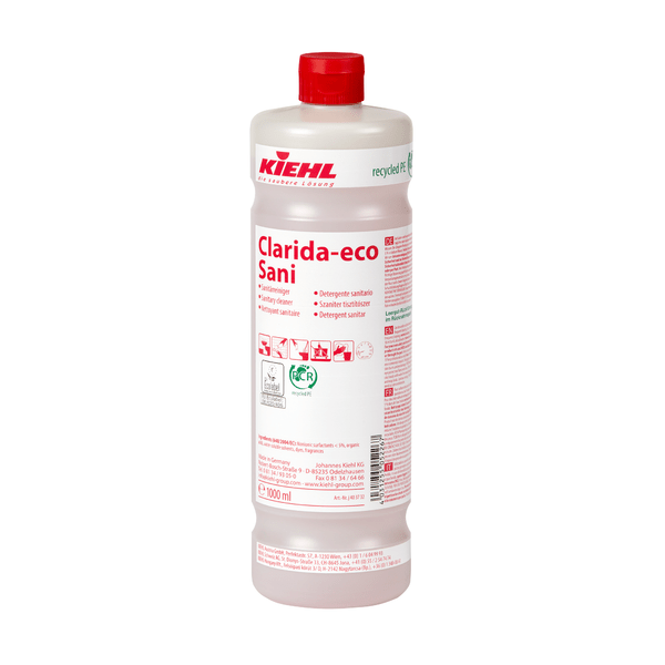 Biela plastová fľaša "Kiehl Clarida-eco Sani sanitárny čistič" od Johannes Kiehl KG má objem 1.000 ml, je opatrená červeným písmom a piktogramami a nesie recyklačné a bezpečnostné informácie na etikete.