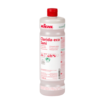 Biela plastová fľaša "Kiehl Clarida-eco Sani sanitárny čistič" od Johannes Kiehl KG má objem 1.000 ml, je opatrená červeným písmom a piktogramami a nesie recyklačné a bezpečnostné informácie na etikete.