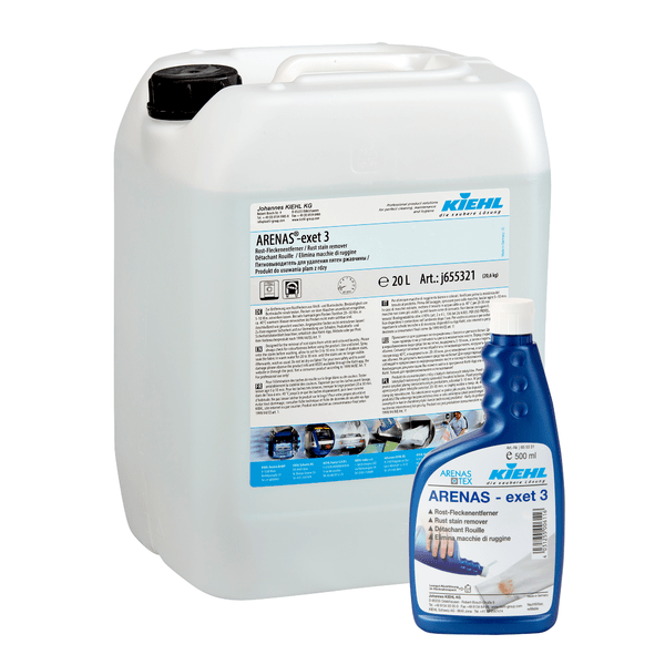Biela 20-litrová plastová nádoba a modrá 1-litrová fľaša s odstraňovačom hrdzavých škvŕn Kiehl ARENAS-exet 3 od Johannes Kiehl KG, obe s etiketami a pokynmi na výrobku.