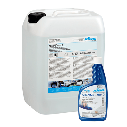 Biela 20-litrová plastová nádoba a modrá 1-litrová fľaša s odstraňovačom hrdzavých škvŕn Kiehl ARENAS-exet 3 od Johannes Kiehl KG, obe s etiketami a pokynmi na výrobku.