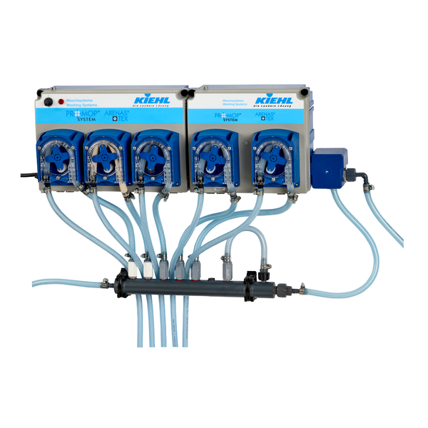 Das Kiehl Dosiersystem ARENAS-H5 der Johannes Kiehl KG ist ein Wandgerät mit fünf Dosierpumpen (30-120 L/h), Klarsichtschläuchen, Zentralverteiler, Etiketten und einem blauen Elektromodul - ideal für den industriellen Einsatz. Geliefert in einer Packung.