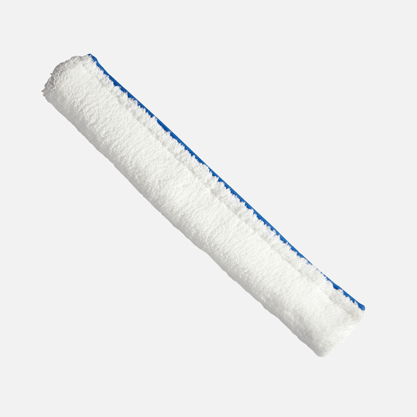 Abgebildet ist ein weißer, rechteckiger Johannes Kiehl KG Lösungsmittelbeständiger Bezug für Wischwiesel (40 cm, 1 Stück) mit blauer Naht auf einfarbigem hellem Hintergrund.