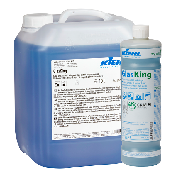 Modrá, priesvitná 10-litrová nádoba a 1-litrová fľaša čistiaceho prostriedku na okná, sklo a univerzálneho čističa Kiehl GlasKing od Johannes Kiehl KG, obe s bielymi etiketami s textom a logami.