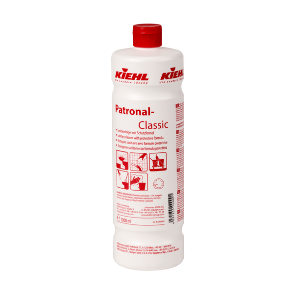 Biela 1-litrová fľaša Kiehl Patronal-Classic Sanitárneho čističa s ochrannou formulou od Johannes Kiehl KG je vybavená červeným uzáverom, červeným písmom, viacjazyčnými pokynmi, symbolmi použitia a detailmi produktu a zdôrazňuje biologicky odbúrateľnú ochrannú formulu.