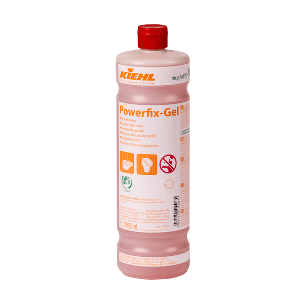 Fľaša 1L Kiehl Powerfix-Gel WC-Kraftreiniger od Johannes Kiehl KG, s červeným uzáverom a oranžovo-bielou etiketou, obsahuje ružový gél, ktorý je ideálny ako WC čistič a odstraňovač vodného kameňa. Dostupné aj v kartónoch so 6 fľašami.