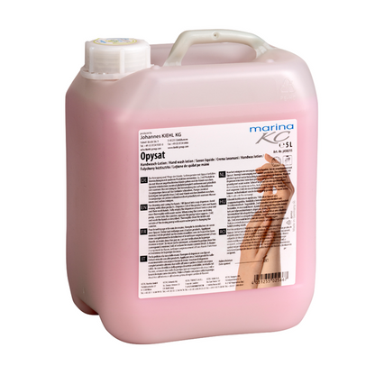 V ružovom 5-litrovom plastovom obale s bielym vrchnákom, ktorý je označený v niekoľkých jazykoch, sa nachádza Kiehl Opysat Handwasch-Lotion od Johannes Kiehl KG, pH-neutrálne mydlo na jemné umývanie rúk.