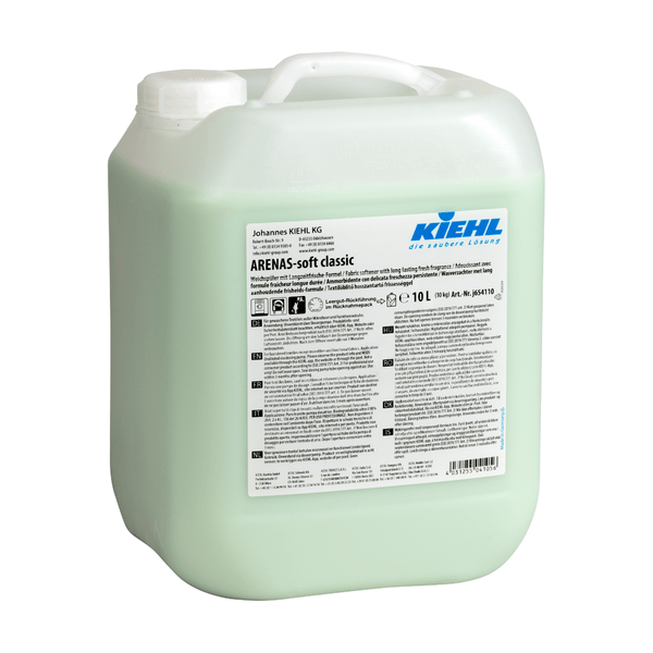 10-litrová nádoba z priesvitného plastu s avivážou Kiehl ARENAS-soft od Johannes Kiehl KG, s bielou rukoväťou, detailným štítkom, viditeľnou svetlozelenou tekutinou a formulou pre dlhodobú sviežosť pre dlhotrvajúcu sviežosť a jemnú bielizeň.