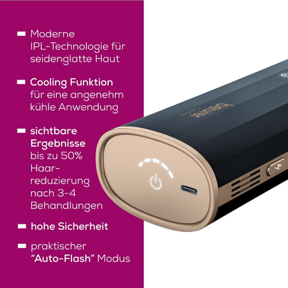 Detailný záber zariadenia na odstraňovanie chĺpkov IPL Beurer IPL 7800 COOL PRO od Beurer GmbH v čiernej a zlatej farbe. Zariadenie je zobrazené z uhla, aby sa zdôraznil vypínač, chladiaca funkcia a režim „Auto-Flash“. Nemecký text okolo zariadenia opisuje jeho modernú IPL svetelnú technológiu a jej výhody.