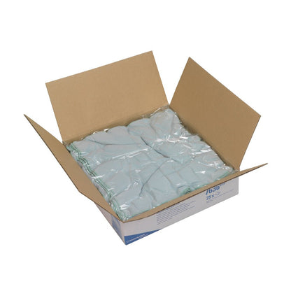 Otvorená škatuľa Kimberly-Clark GmbH Kimtech® mikrovláknových leštiacich utierok (39,00 x 39,00 cm) ukazuje úhľadne zložené svetlomodré utierky - ideálne pre čistenie bez šmúh v starostlivosti o auto, s otvorenými klapkami a dobre viditeľným obsahom.