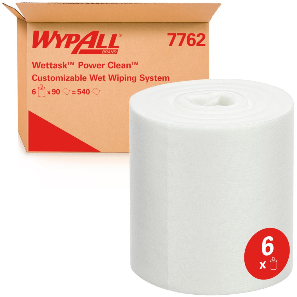 Veľká rolka WypAll® Wettask™ utierok od Kimberly-Clark GmbH stojí pred krabicou s nápisom "6 roliek x 90 utierok / kartón", ktorá odkazuje na šesť savých náhradných roliek.