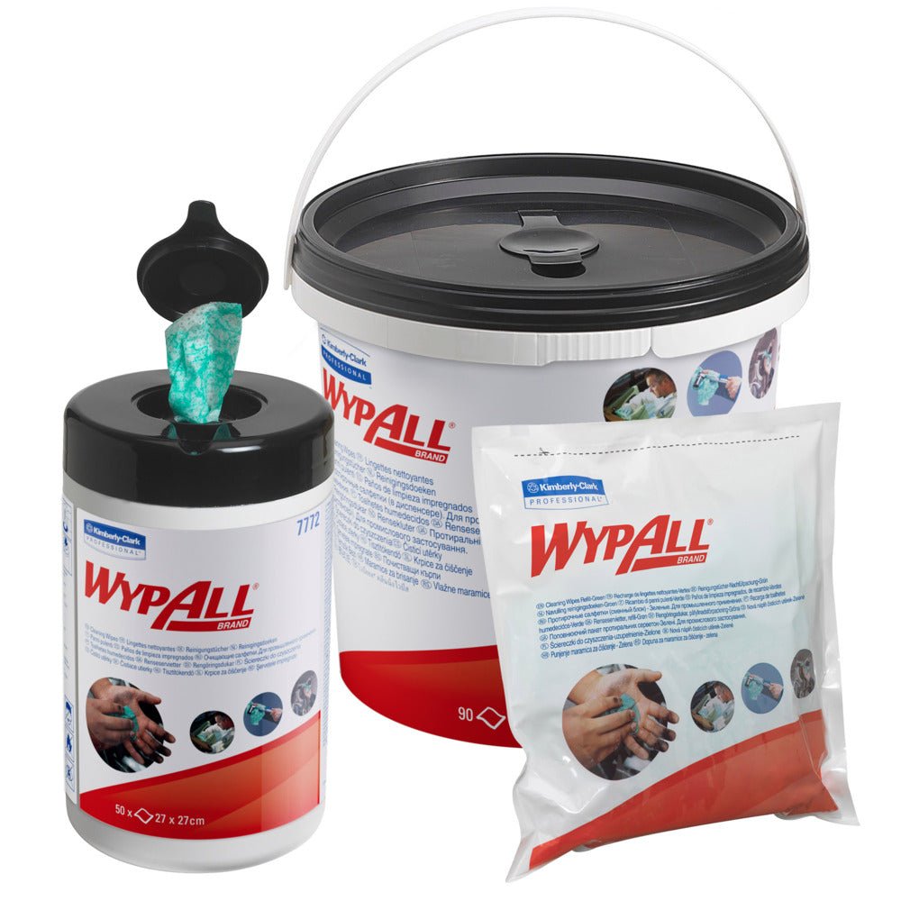 Utierky WypAll® - Zelené od Kimberly-Clark GmbH sú dostupné v troch kontajneroch: v kanistri s vyskakovacím systémom, vo veľkom vedre s rukoväťou a v náhradnom vrecku - každý s logom a obrázkami rúk, ktoré sa čistia týmito mäkkými netkanými utierkami.